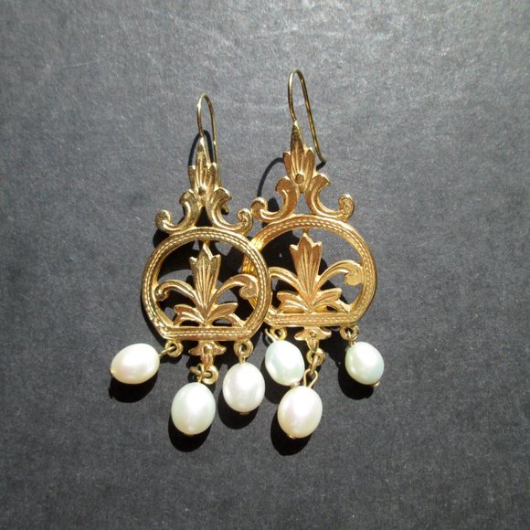 ⚜️✨ BEN-AMUN Vintage Dangle Drop Fleur de Lys Earrings Gold Tone Pearl Dangles - Picture 8 of 12